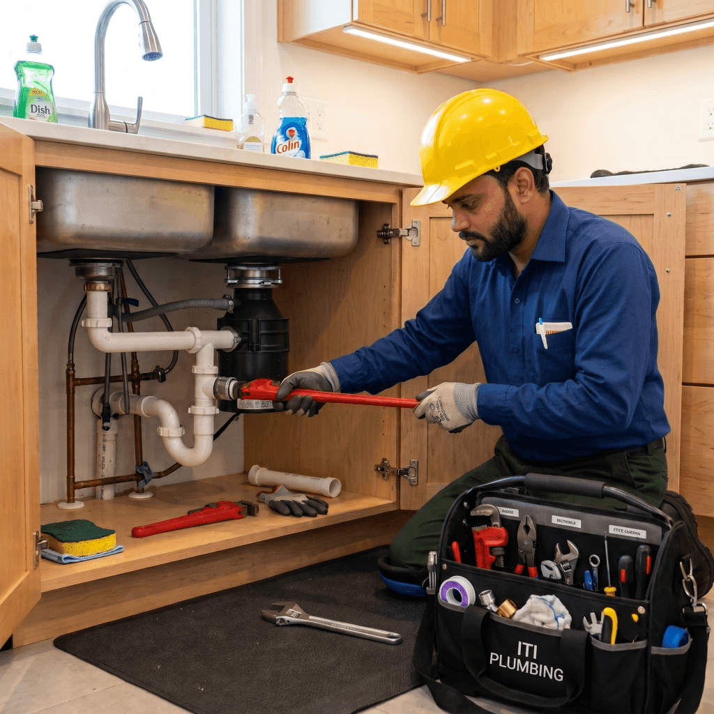 Plumber fixing pipes